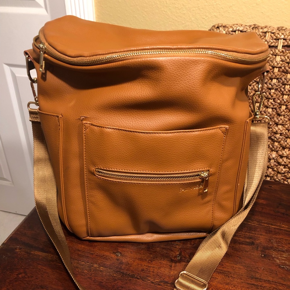 Fawn Original Diaper Bag- Brown Camel. Faux Leather/Vegan